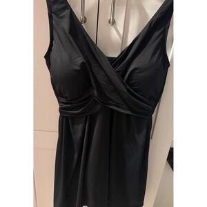 Lands' End Tummy Control Surplice One-Piece‎ Swim Dress Black Size 12